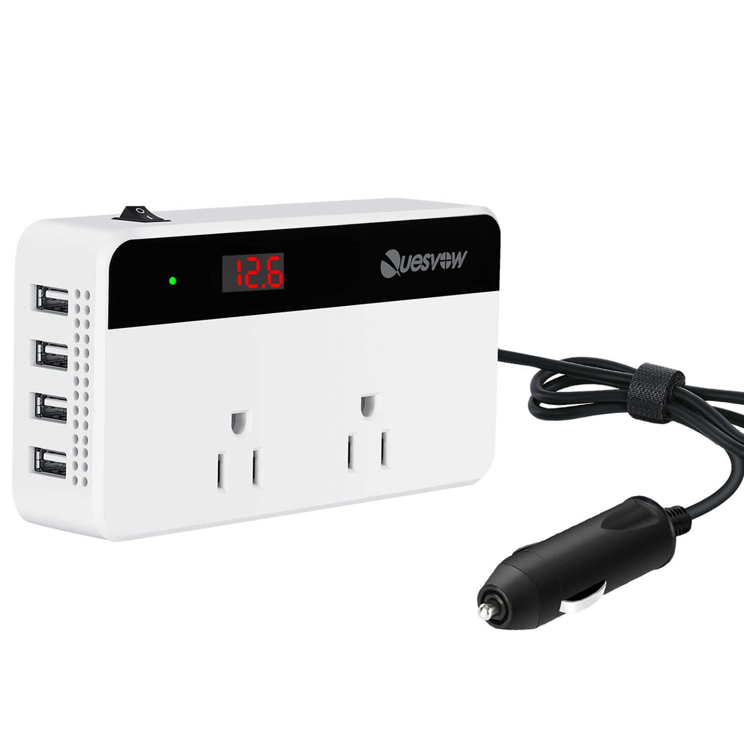 Quesvow 200W Car Power Inverter DC 12V to 110V AC Converter 4 USB Ports Charger-White