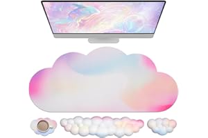 JIKIOU Large Cloud Mouse Pad Waterproof with Cloud Keyboard Wrist Pad and Cloud Mouse Wrist Pad Set, Ergonomic Computer Desk Wrist Support Mousepad for Keyboard and Mouse 35.4x15.7in (01Rainbow)