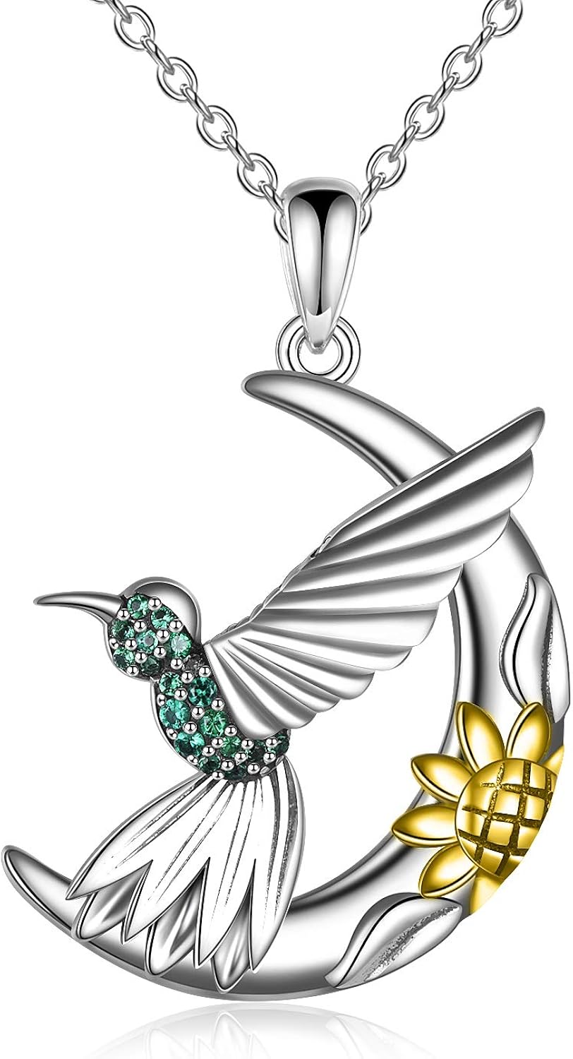 MONGAS Hummingbird Necklace 925 Sterling Silver Hummingbird on Moon