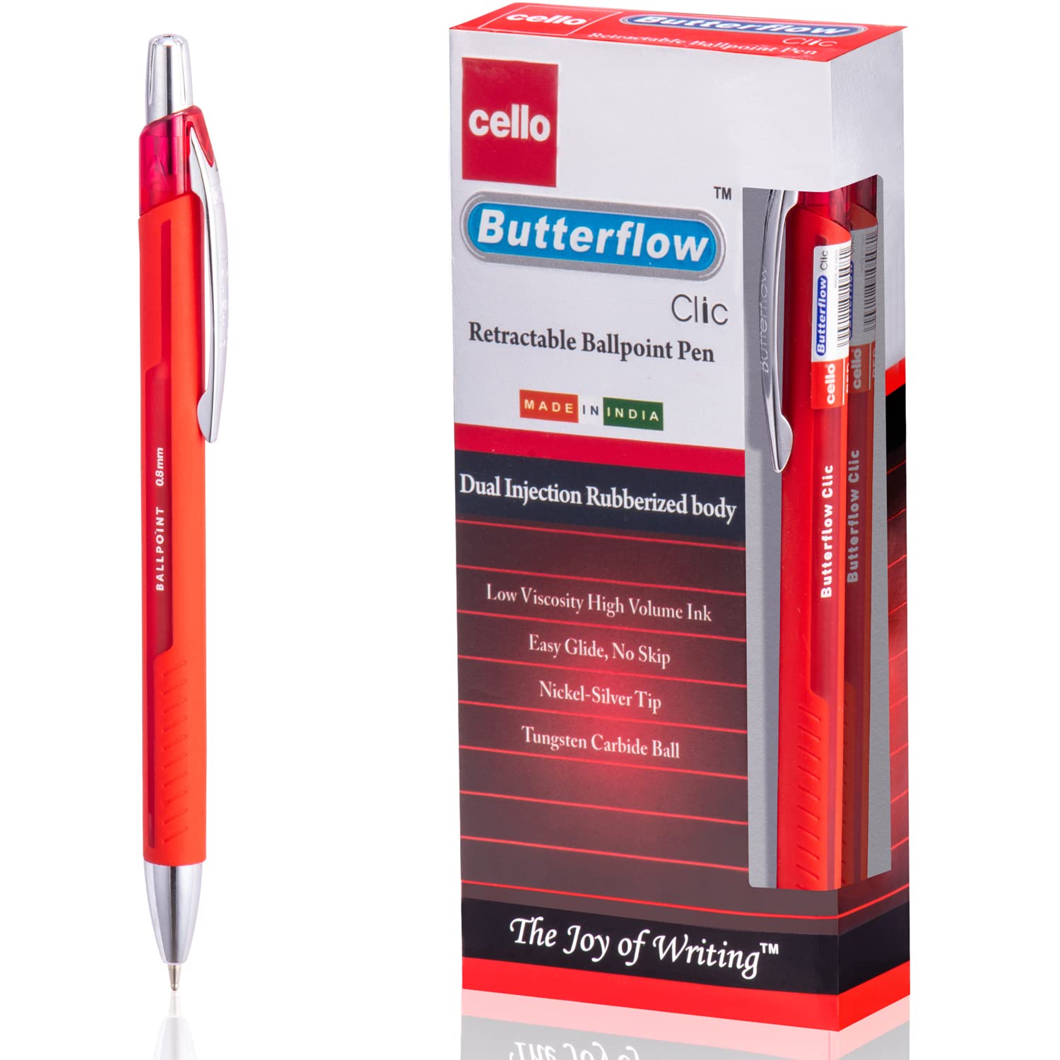 Cello Butterflow Clic Retractable Ballpoint Pens | Medium Point (0.8 mm) | Pack of 12 (Red)