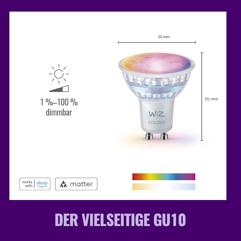 Smart LED Glass GU10 Spotlight, Full Color and Tunable White, 50 W Äquivalent, 2200–6500 K, 345 Lumen, dimmbar, kompatibel mit Alexa, Google Assistant und Apple Home, 2er-Pack