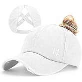 Epsoco Womens Criss Cross Ponytail Baseball Cap Distressed Ponytail Hat High Messy Bun Trucker Ponycap for Outdoor Sports