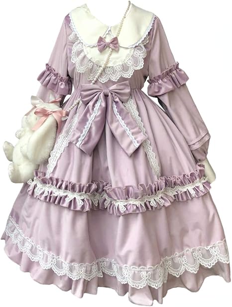 Amazon ワンピース ロリータ 長袖 ロリータ服 森ガール 女の子 少女 姫 ドレス ゆめかわいい ベルベット 秋冬 暖かい ふわふわ コスプレ 衣装 リボン フリル レース クリスマス パーティー 学園祭 文化祭 イベント 普段着 紫 L コスプレ 仮装 通販