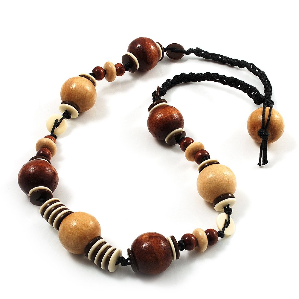 Avalaya Light & Dark Brown Wood Bead Cord Necklace - 50cm