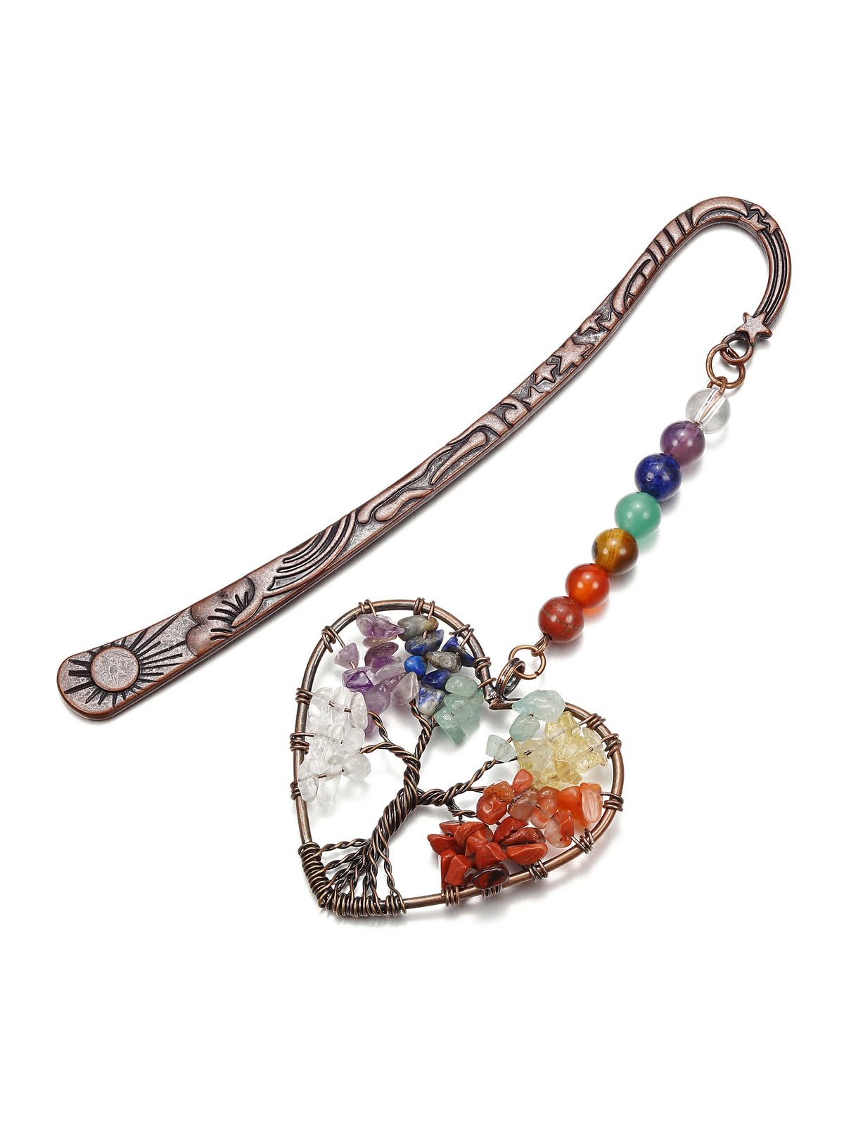 JSDDE Vintage Heart Chakra Crystal Bookmark Healing Crystals Gemstone Life Tree Pendant Charm Book Marker for Women Teachers Readers