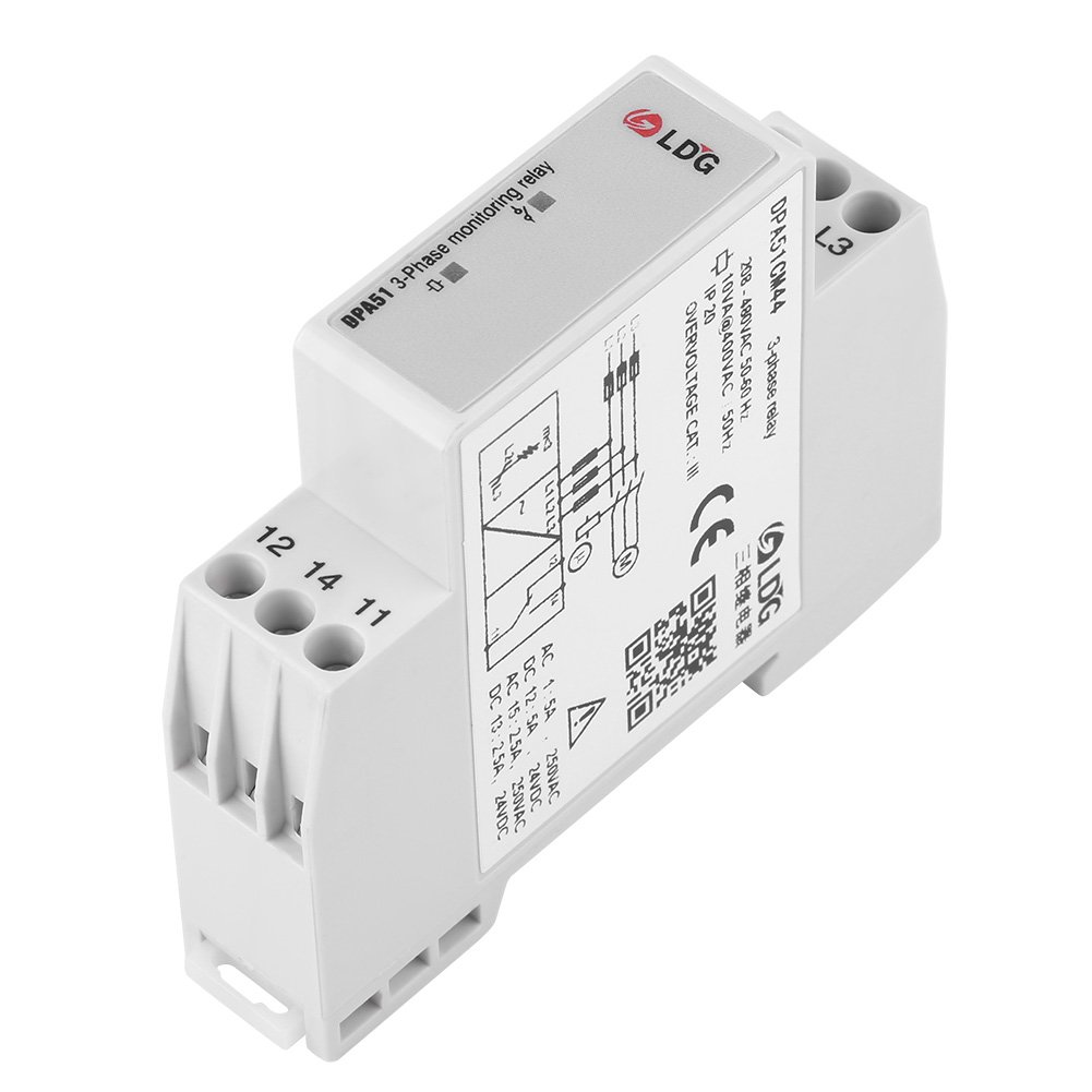 DPA51CM44 3-Phase Monitoring Relay, Voltage and Current Protector for 3-Phase Systems, Phase Sequence Detection, Phase Loss Prevention, Voltage Range: 208-480VAC
