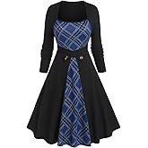 ROSE GAL Women Plus Size Ribbed Plaid Long Sleeves Retro Pinup Dress