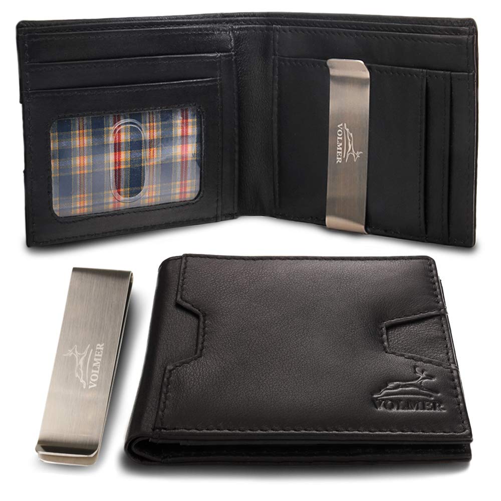 Fa.Volmer® Wallet | 100% Leather Wallet with Money Clip for Men and Women with RFID Protection | Money Clip, Black and Brown, with Extra Compartment for e.g. Change | Wallet VO25C-Jens (Black)