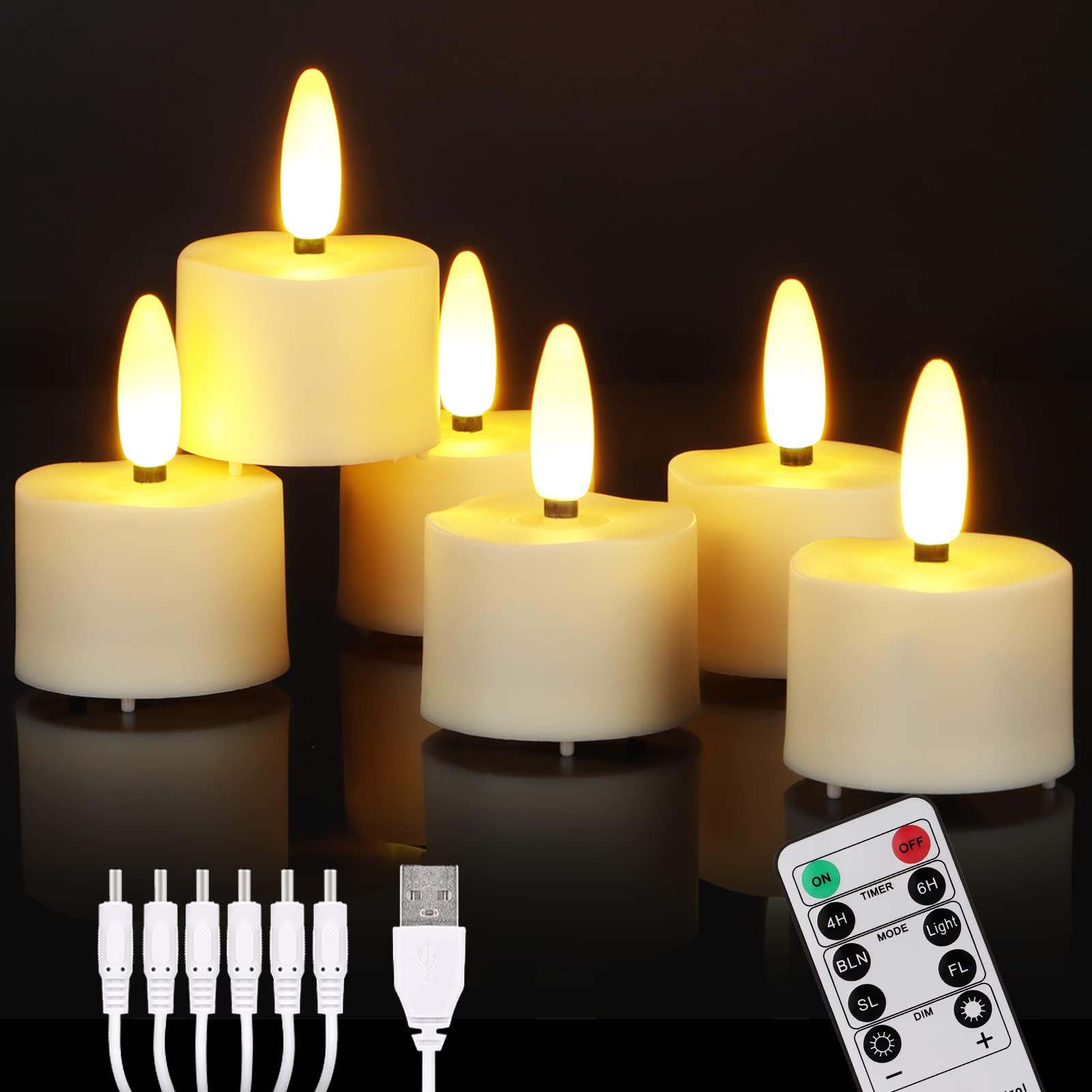 ZIYOUDOLI 6pcs Rechargeable Tea Light with Remote Control and Timer Led Tea Lights Flickering Flameless Candles Warm White Dimmable (Rechargeable, Dimmable, Remote Control, Pack of 6)