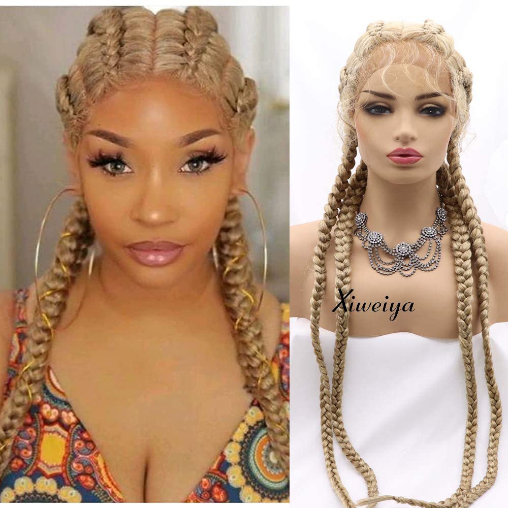 xiweiya Mixed Blonde Braided Wig 4xTwist Double Dutch Braids Wig 100% Hand Cornrow Wigs with Baby Hairs Synthetic Lace Front Wig Mixed Blonde French Braid Wigs for Women 36inch