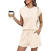 LOMON Two Piece Shorts Sets for Women Vacation Trendy Lounge Sets Crew Neck Matching Sets Cap Sleeve Airport Suits