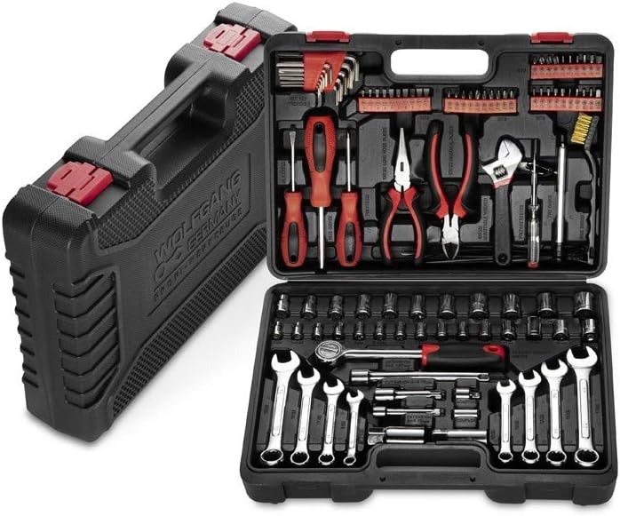 WOLFGANG 122 Teile Werkzeugkoffer mit Werkzeug Set, Schraubenschlüssel Set, Ratsche, Steckschlüsselsatz, Schrauberdreher, Bitset, Werkzeugkasten für Haushalt, Auto, Werkstatt