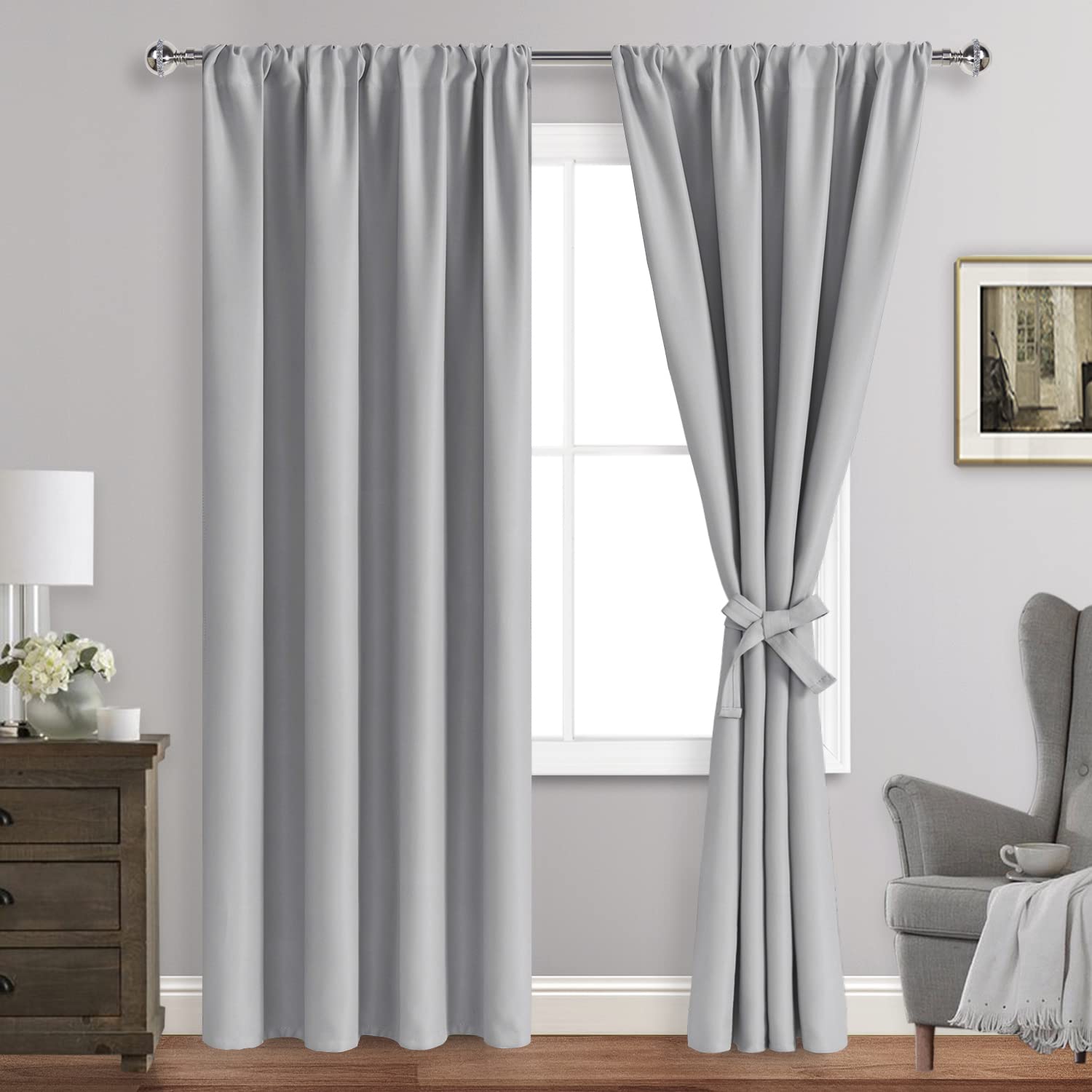 JIUZHEN Thermal Insulated Blackout Curtains with Tiebacks, Energy Saving Room Darkening Curtains, Rod Pocket Curtains for Bedroom Living Room, 42 x 84 Inch Length, Silver Grey Image