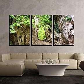 3 Piece Canvas Wall Art - Scenic Stone Stairs Leading Up to Gate in Rocks Among Green Foliage - Modern Home Art Stretched and Framed Ready to Hang - 16"x24"x3 Panels