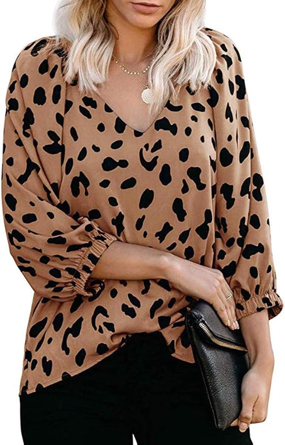 Amazon Akane トップス フェミニン 女性 内側 ヒョウ柄 アンダーtシャツ オフィスセーター 無地 長袖 カジュアル ワイルド 女性 レディース シンプル Vネック ブラウス Tシャツ カットソー 通販