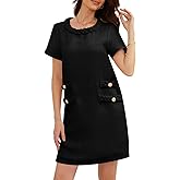 yoeasy Women's Short Sleeve Crew Neck Tweed Dress A-line Button Part Elegant Mini Dresses