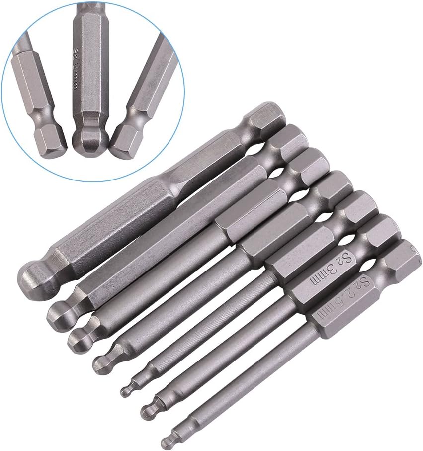 7-Piece 1/4 Inch Hex Shank Ball-Head Screwdriver Bit Set including Magnetic Allen Wrench Tips, Sizes 2-8mm, 65mm Length - Image 3