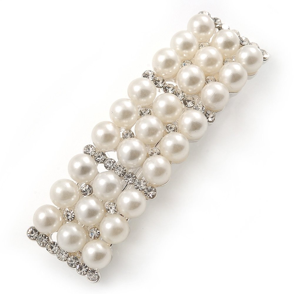 Bridal/Wedding/Prom Silver Tone Simulated Pearl Diamante Barrette Hair Clip Grip - 55mm Across