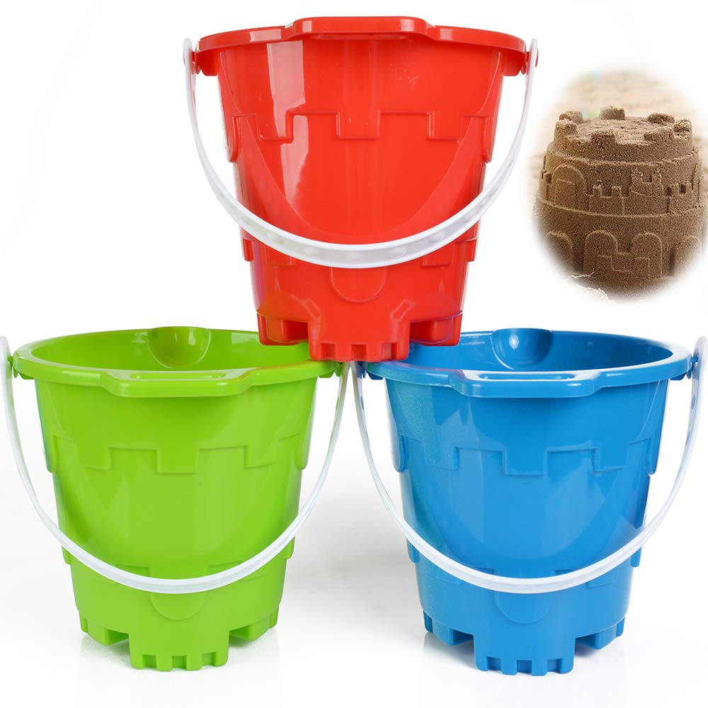 Jumbo Castle Model Beach Buckets Gear Set 7" Large Sand Pails Bucket Water Pool Gardening Bath Toy Environmentally Thick ABS Plastic Complete Gift Bundle For Kids Boys Girls- 3 Pack Green Blue Red