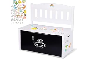 TOOKYLAND Wooden Toy Storage Box - Lift Top Chest and Seating Bench with Lid, Safety Hinge, Blackboard and Stickers, Toy Organizer for Kids 3 Year Old +