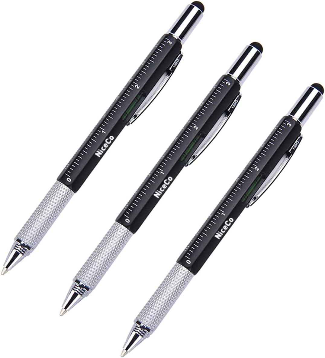 NiceCo 3-Pack 6-in-1 Touch Screen Stylus, Multifunction Tool Pen, 3" Ruler, Ballpoint Pen, Flathead/Phillips Screwdriver, Level Gauge, Combo DIY Tool Kit for iPad Tablet Smartphone (Black)
