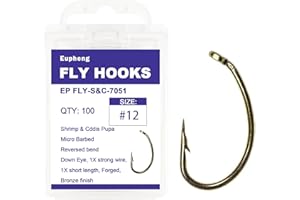 Eupheng Fly Fishing Hooks 100pc Pack Micro Barbed High Carbon Steel Bronze Forged for Dry Flies, Curved Nymphs, Shrimp,Caddis Pupa