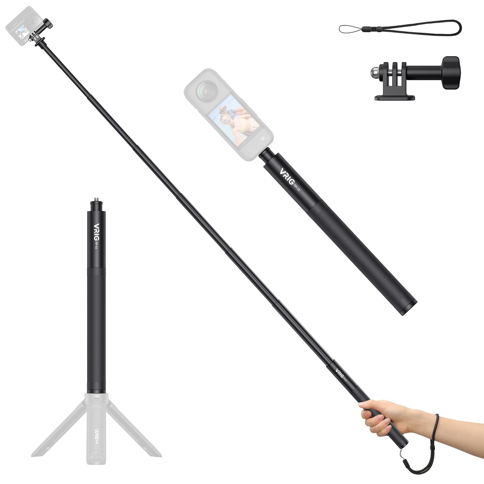 Photo 1 of VRIG TP-13 52inch Invisible Selfie Stick for Insta360 X5, with 1/4" Scerw Extended Monopod Pole for DJI Action 5Pro/4/3, Insta360 X5 X4 X3,Ace Pro,GO 3/X3/ONE RS,ONE X2/ONE X/GO 2/ONE R/ONE