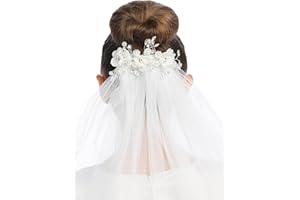 SWEA PEA & LILI Swea Pea & Lilli Girls First Communion Veil - White Holy 1st Communion Headpiece with Comb, Organza Flowers with Rhinestones, Pearl Accents, and Crystal Accents