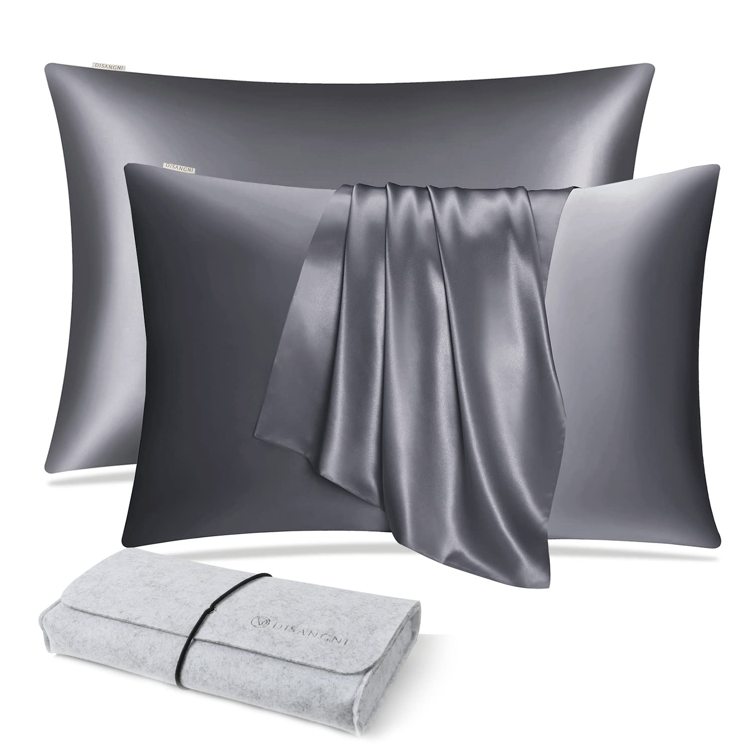 DISANGNI 100% Natural Mulberry Silk Pillow case for Hair and Skin with Hidden Zipper 22 Momme Both Sides Real Silk Pillow Case (2pc 50x75cm, Dark Gray)
