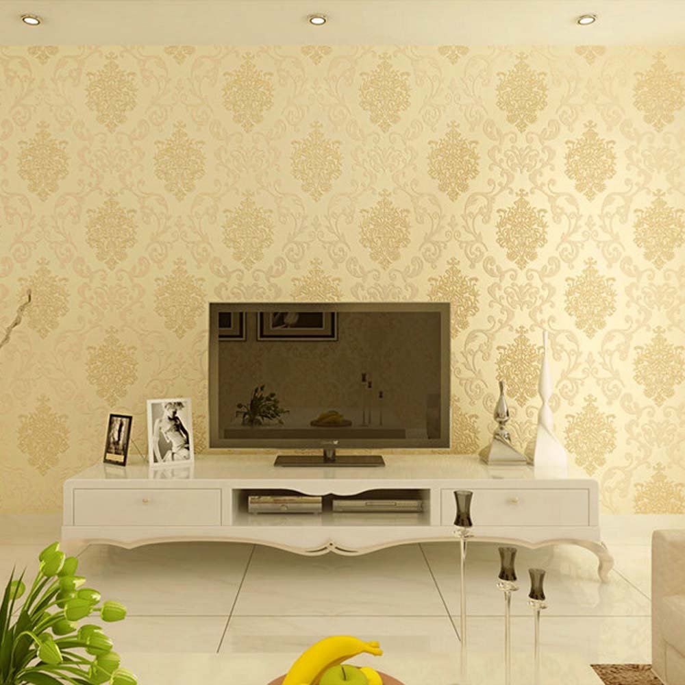 KeTian European Style Luxury 3D Damask Pearl Powder Non-Woven Wallpaper Roll for Living Room Bedroom Hotel Wallpaper Beige Color 0.53m (1.73' W) x 10m(32.8'L)=5.3m2 (57 sq.ft)