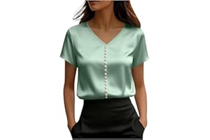 Womens Fashion Pearl Trim Satin T-Shirts Elegant Party Prom Shirts V Neck Short Sleeve Tunic Tops