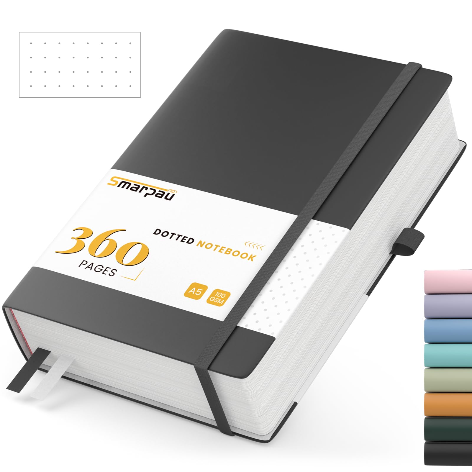 Smarpau Thick A5 Bullet Dot Grid Journal, Dotted Notebooks 360 Numbered Pages for Writing, 100gsm Paper Softcover Leather Journal for Office School Work Women Men, 14.5 x 21cm - Black