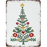 Scandinavian Christmas Print, Watercolor Christmas Tree, Christmas Decoration, Holiday Decor, Norwegian Folk Art Print Swedish Polish Danish Funny Vintage Metal Tin Sign for Home Coffee 12 x 16 Inch