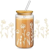 Mumufy 1 Pack Boho Floral Glass Cup with Lids and Straws 16 oz Coffee Cup | Flower Iced Coffee Mug, Aesthetic Glass Tumbler, Bridesmaid Gifts, Birthdays, Baby Showers, Coffee Bars, and Party Stations