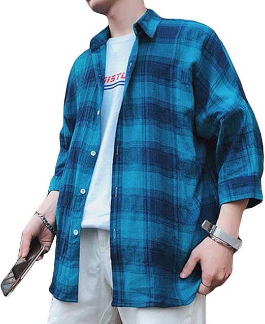 Amazon Mengfanメンズ チェックシャツ 夏 7分袖 シャツ メンズ シャツ ブラウス 薄手 シャツ 春 秋 おしゃれ トップス メンズ ファッション シャツ アウター シャツ 通販