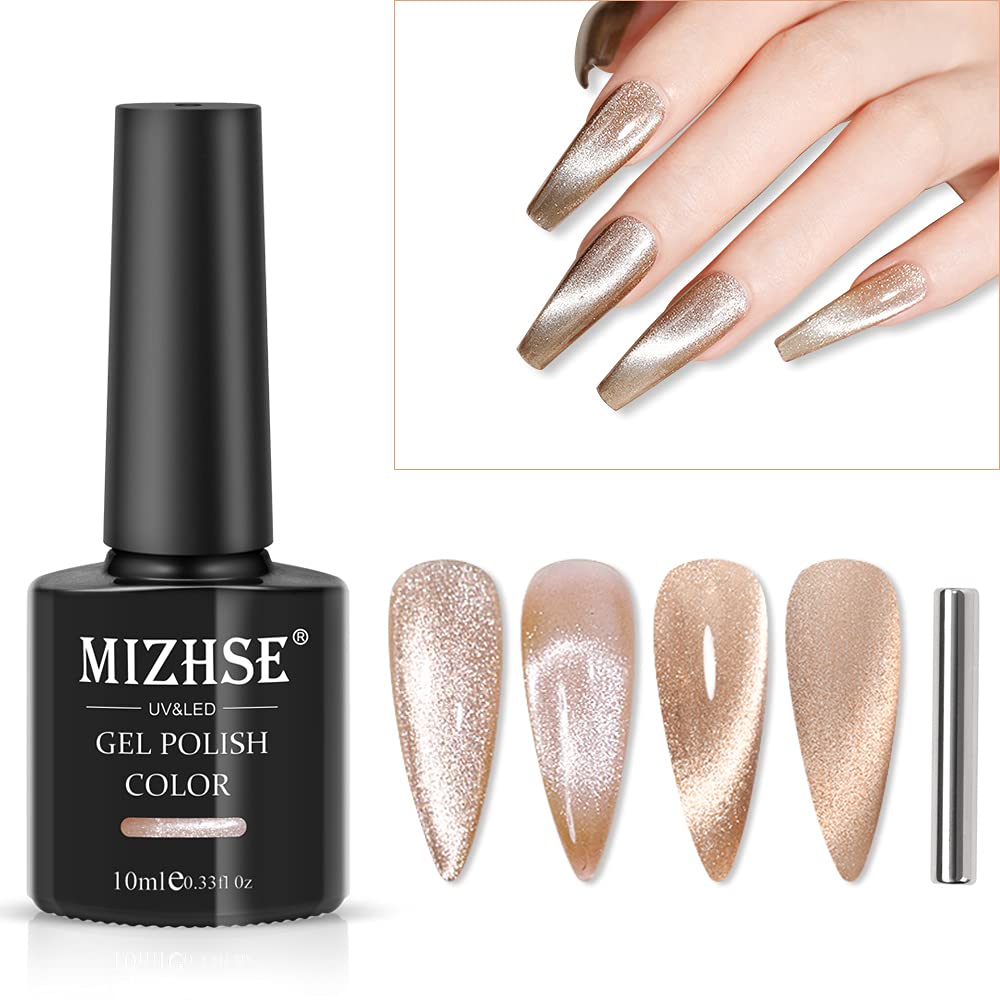 MIZHSE Cat Eye Gel Nail Polish - Magnetic Cats Eye Rose Gold, Cateye Nails, UV Gel Polish Cat Eyes with Magnet, Champagne, 10ml
