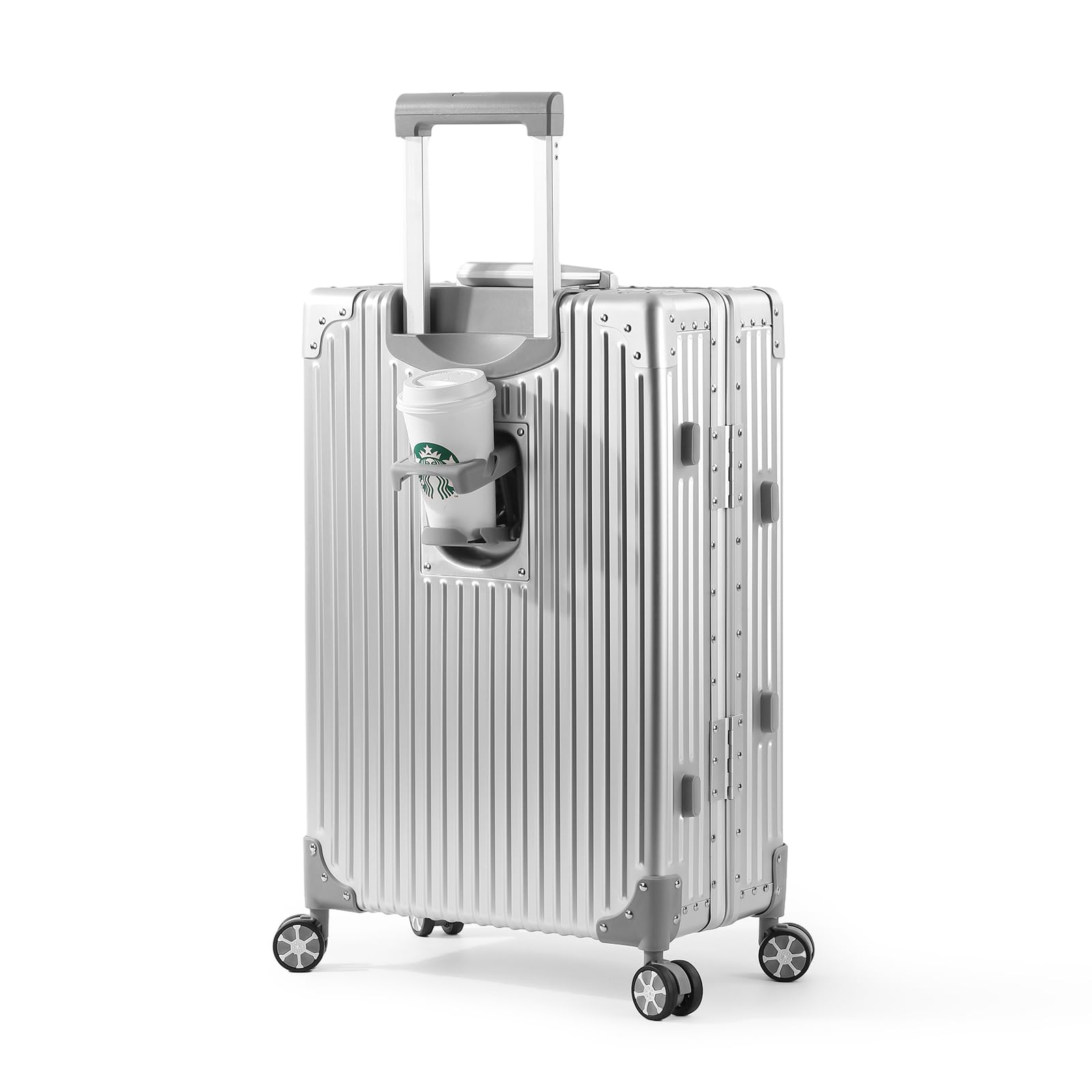All Aluminum Carry On Luggage with Cup Holder TSA Lock, 22x14x9 Airline Approved Carry-On Hardside Suitcase with Spinner Wheels(20-lnch) (SILVER)
