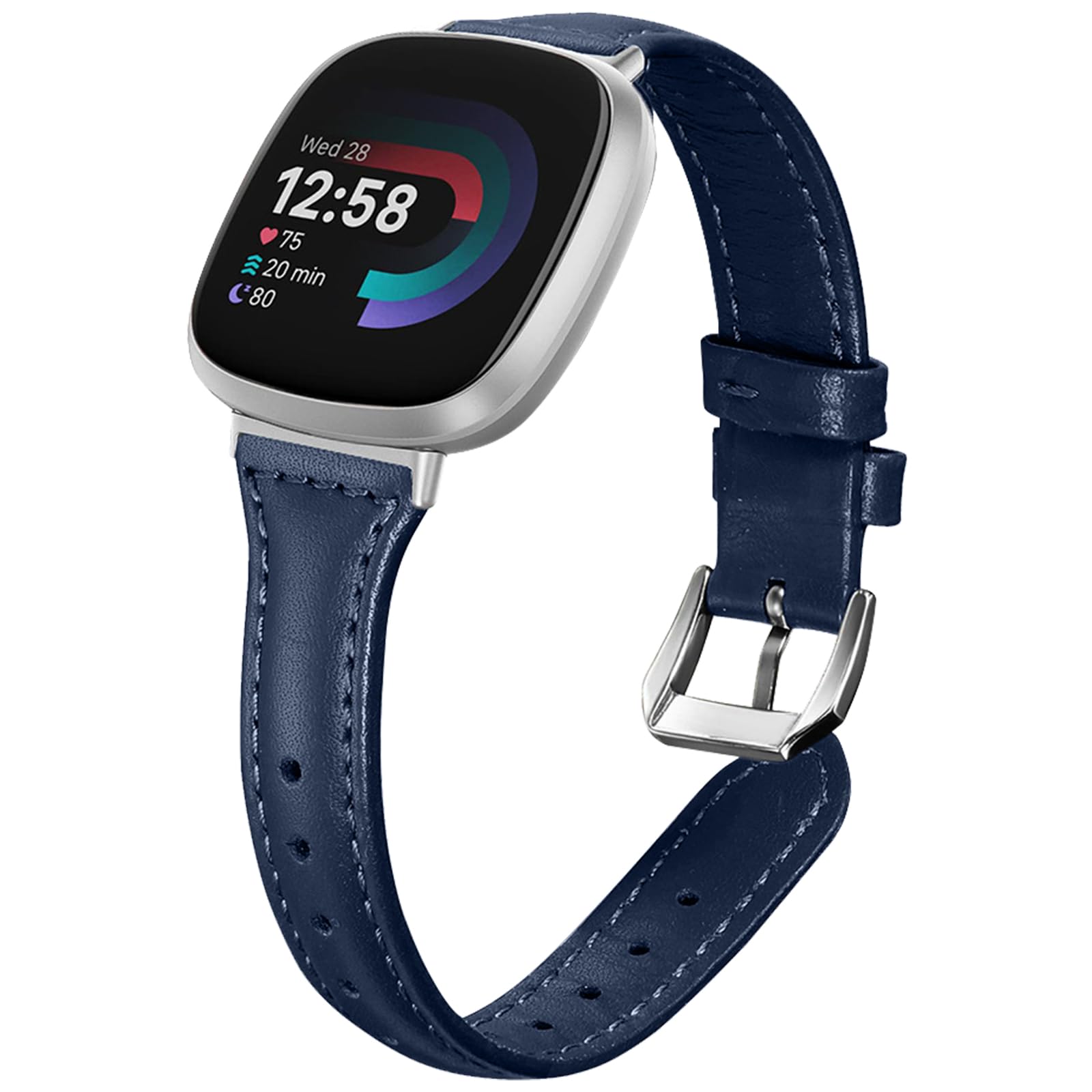 WoPail Leather Strap for Fitbit Versa 4/Versa 3, Women Slim No Gap Genuine Leather Strap with Stainless Steel Buckle Replacement Band breathable for Fitbit Sense 2/Sense 1 - Blue
