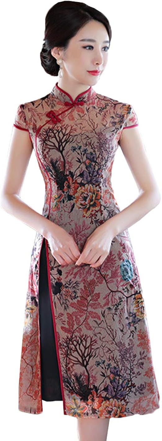 Amazon Jpバレンタインデー レディース チャイナドレス ワンピース レトロワンピース シフォン スリット 気質 エレガント パーティー ドレス フォーマルウェア 夏服 中国風ワンピース 民族衣装 花柄 着痩せ ワンピース チュニック 通販