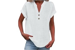 XUBOWAY Women Cotton Linen Tops 2024 Trendy dressy casual Summer Tshirt Short Sleeve Button v Neck blouses henley Tunic tops