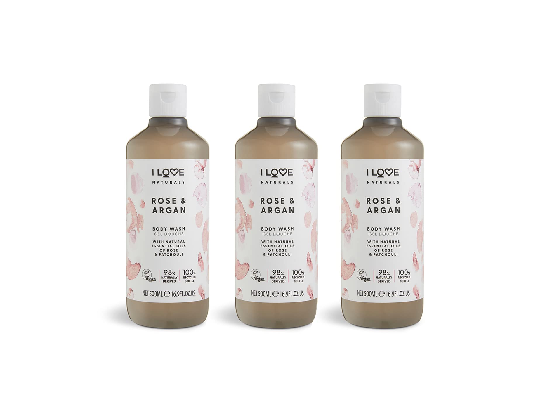 I Love Naturals Rose & Argan Body Wash with Natural Oils of Rose & Patchouli – Essential Oil-Infused Moisturising Shower Gel for Soft, Smooth Skin – Vegan & Cruelty-Free 3 x 500ml