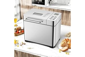 17-in-1 Stainless Steel Bread Maker with Smart Dual Heaters, Quiet Bread Machine with 15H Timer & 1H Keep Warm, Auto BreadMak