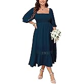 SCOMCHIC Women's Plus Size Maxi Dress Short Sleeve Square Neck Smocked Flowy A-Line Lace Trim Boho Wedding Guest Dresses