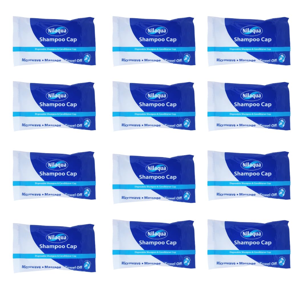 Nilaqua Rinse Free Shampoo Cap, No Shower Required, Nourishing Soft & Kind Vegan Friendly & Paraben/Latex Free, No Rinse Shampoo Caps for Elderly | Just Microwavable, Apply and Towel off | 12 Pack