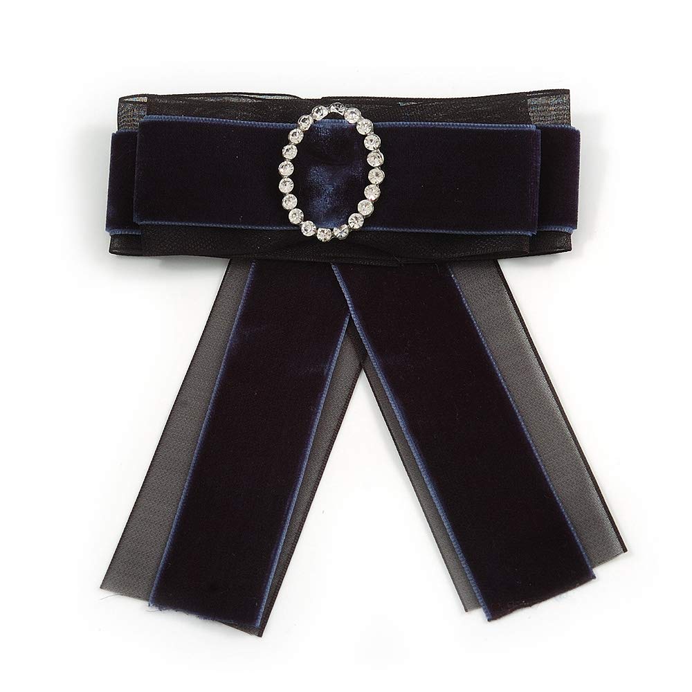 Avalaya Vintage/Retro Men and Women Universal Dark Blue/Black Velour, Organza Fabric Ribbon Pre-Tied Bow Tie Collar with Clear Crystal Detailing - 12cm L