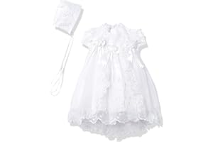 Pretty Me, USA Baby Girls' Short Sleeve Organza Embroidered Christening Dress with Bonnet