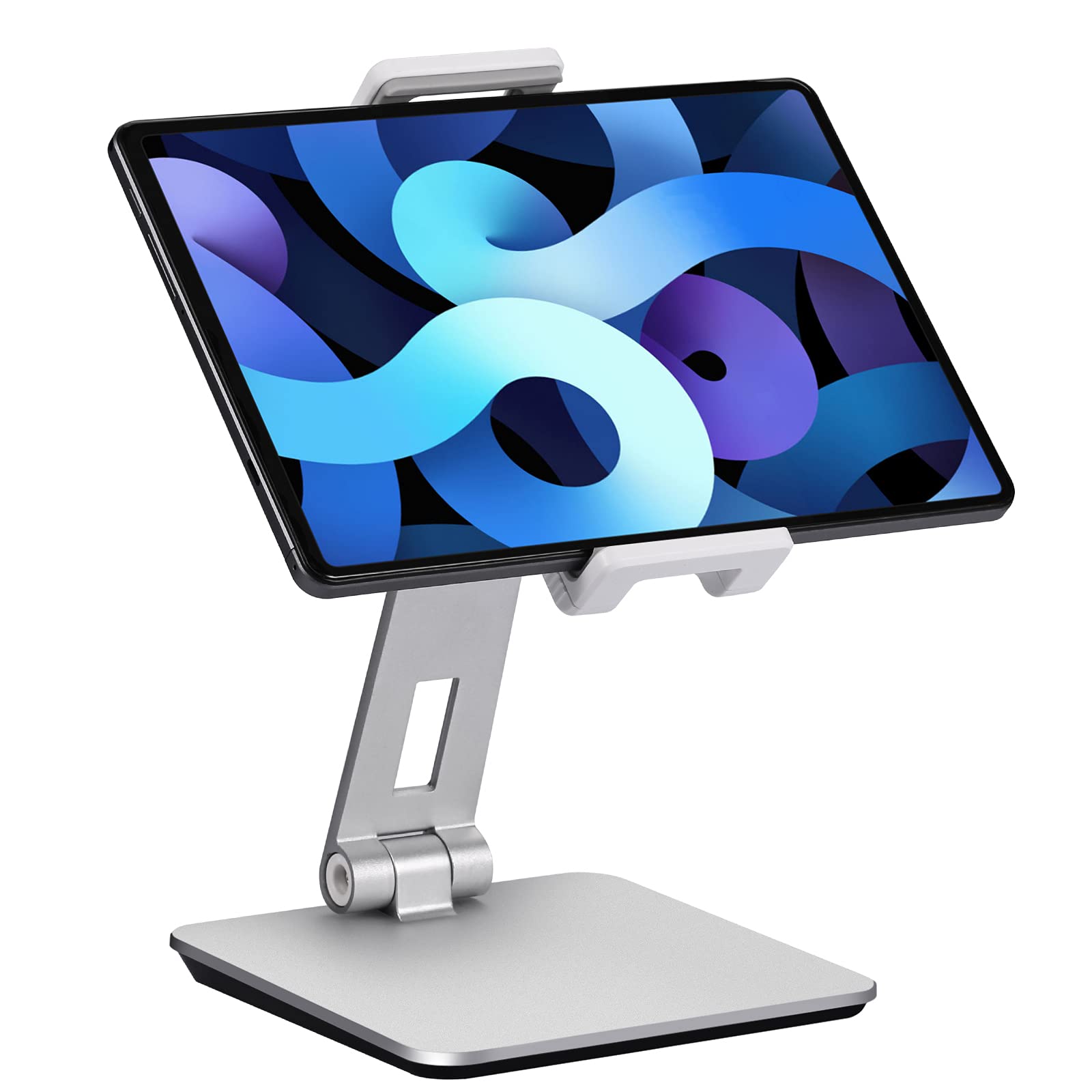 SHUOSUO Tablet Stand Adjustable & Foldable, 360° Swivel Heavy Aluminium Tablet Holder for Desk, Compatible with iPad Pro/Air/Mini, Galaxy Tab, Surface Pro, Kindle Fire (7-13") (Silver)