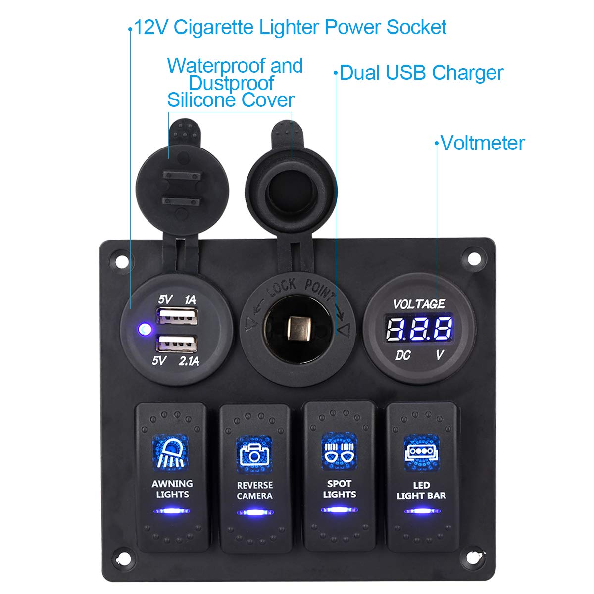Jiaying Rocker Switch Aluminum Panel 4 Gang Toggle Switches with DC 5V 3.1A Dual USB Charger Digital Voltmeter Display DC 12V Power Socket for Car Trailer Marine Boat RV Vehicle Truck: Industrial & Scientific