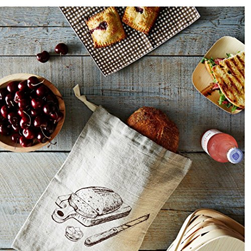 Linen Bread Bags - 2-Pack 11 x 15 Speical Art Design Natural Unbleached Linen Reusable Food Safe Storage for Homemade Artisan Bread - Thumbnail 2