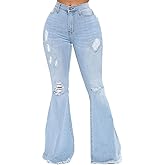 Bell Bottom Jeans for Women Vintage High Waisted Ripped Hole Raw Hem Denim Flare Jeans Pants